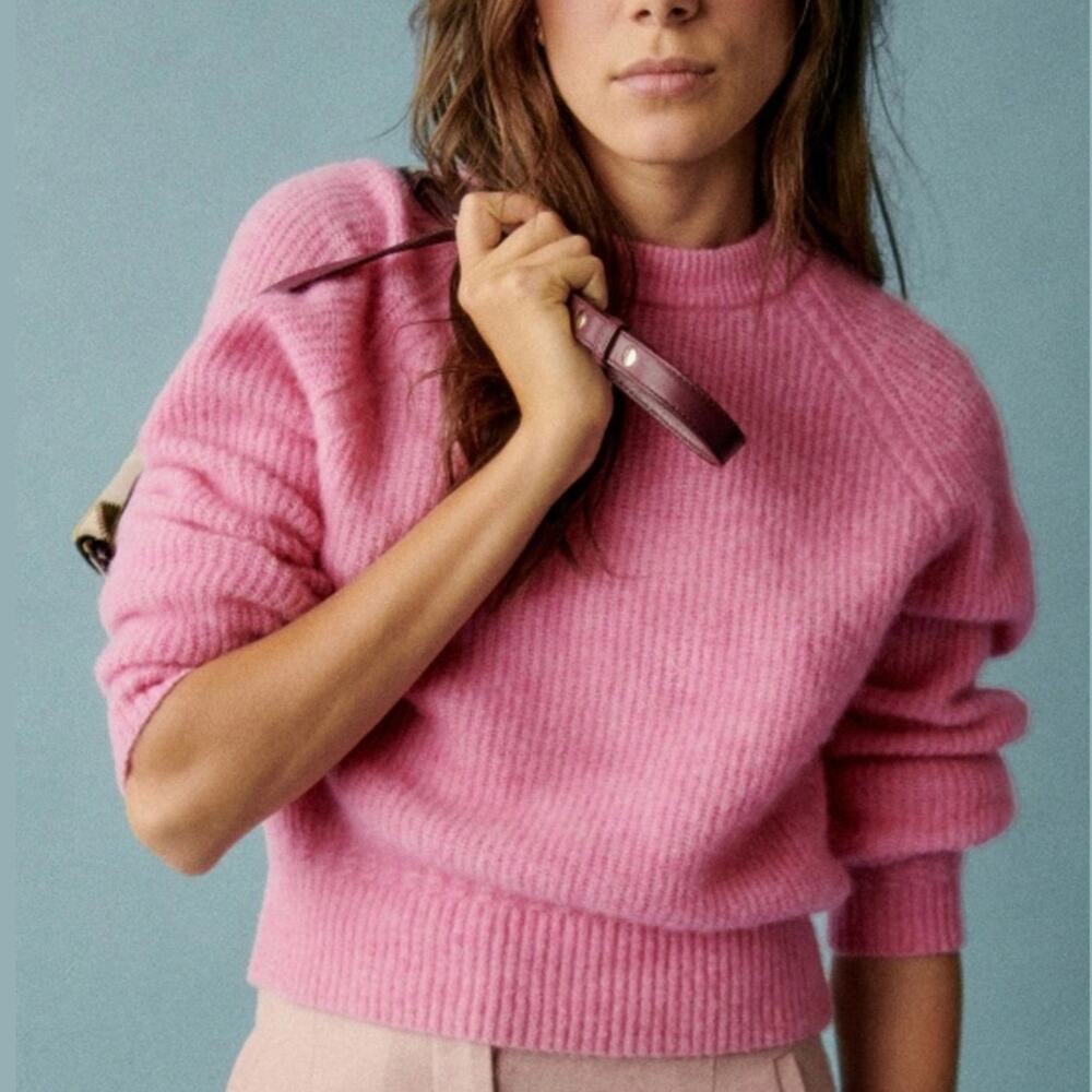 Sezane Pink Ribbed Crewneck Sweater